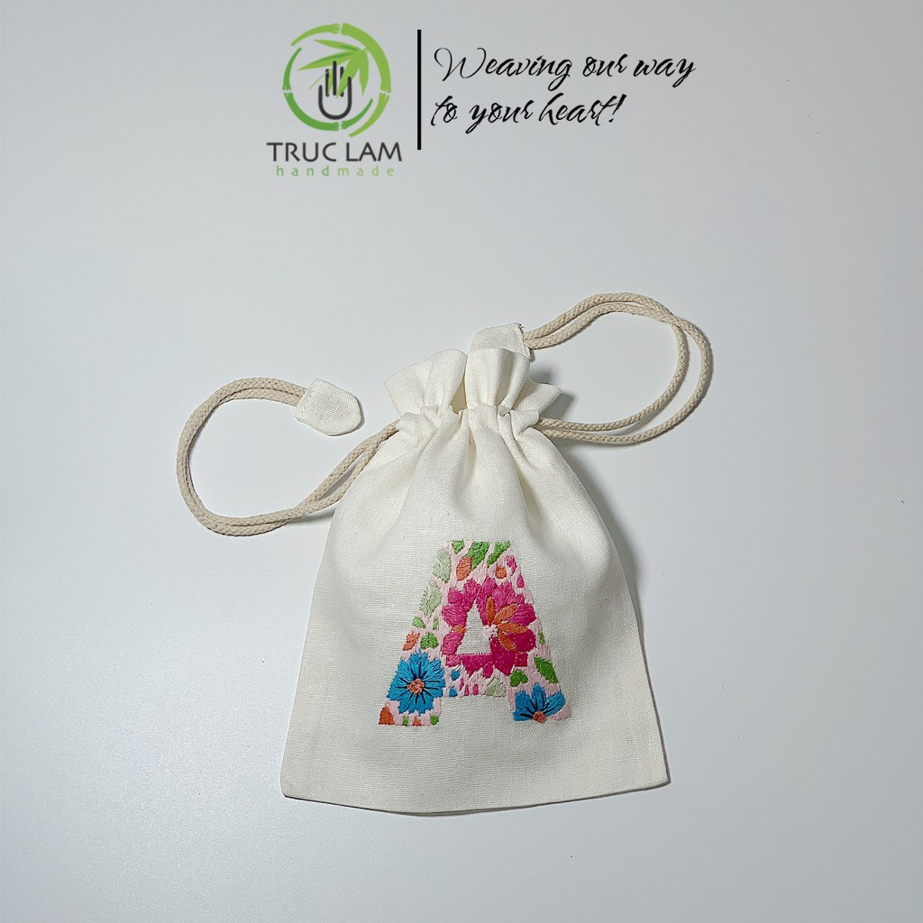 Túi Dây Rút Thêu Tay Họa Tiết Chữ Cái A Phối Hoa Văn Nhiều Màu Sắc - Trúc Lâm Handmade