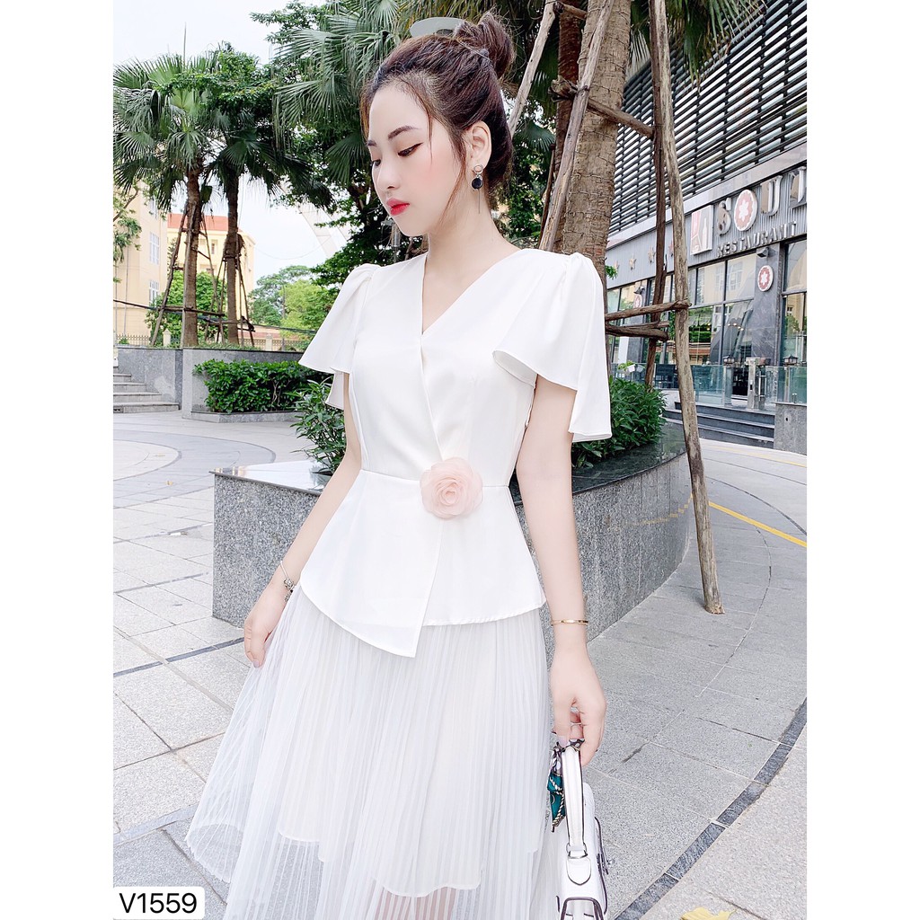 Váy trắng liền cổ V V1559 - Đẹp Shop DVC (Kèm ảnh thật trải sàn do shop tự chụp) | BigBuy360 - bigbuy360.vn