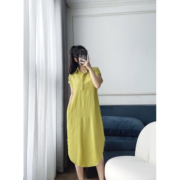 Váy lụa màu màu vàng úa,đầm cổ sơmi không tay mền mại