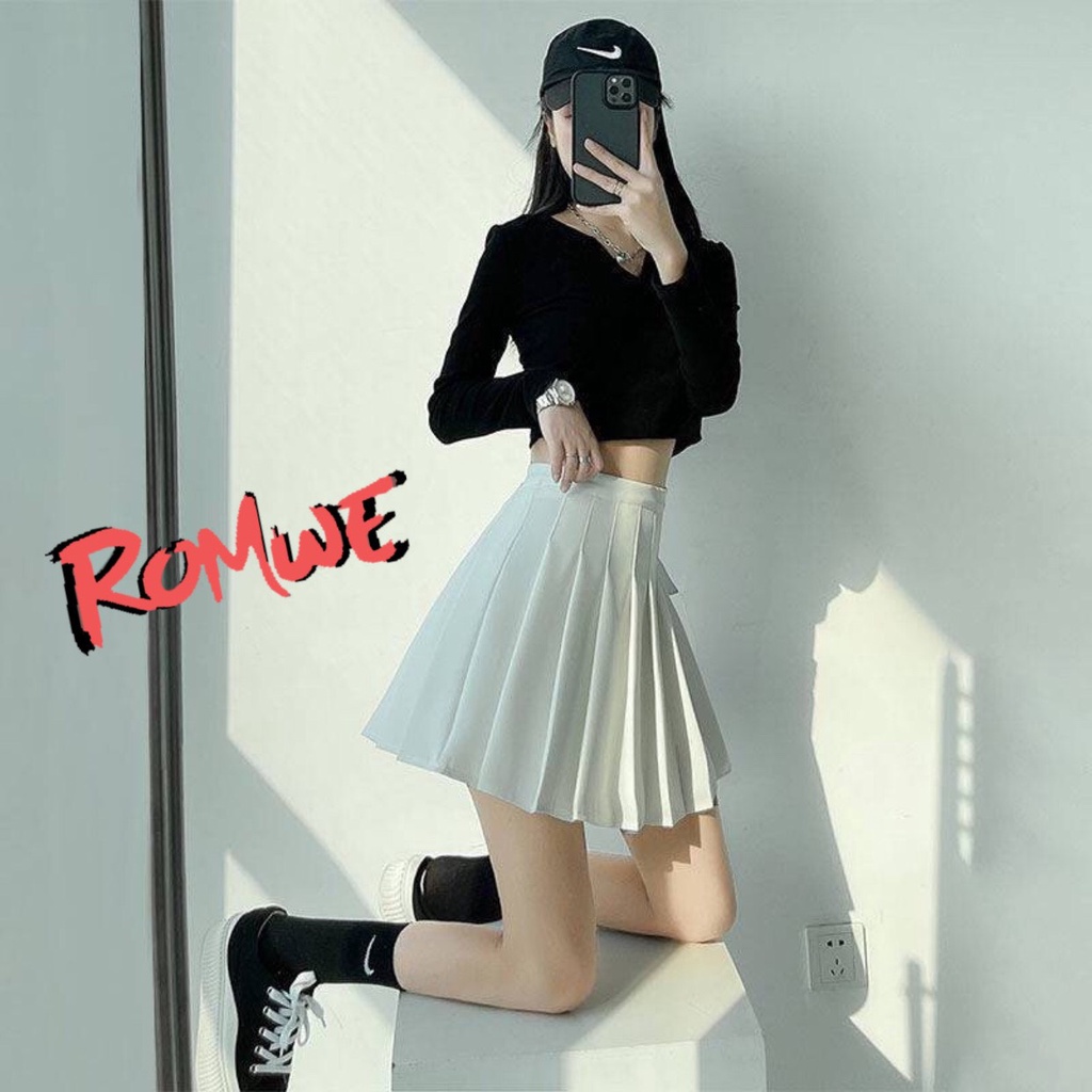 Váy mini xếp ly romwe dáng tennis có quần trong cạp cao basic màu nâu,đen,trắng phong cách