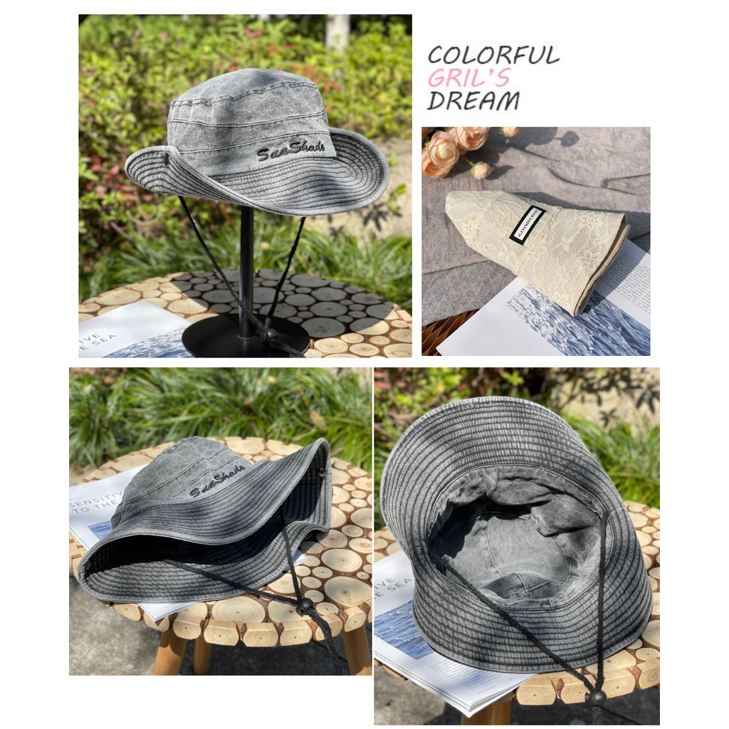 Nón Tai Bèo Cao Bồi Thêu Chữ Che Mặt Chống Tia Uv Cho Nam Nữ