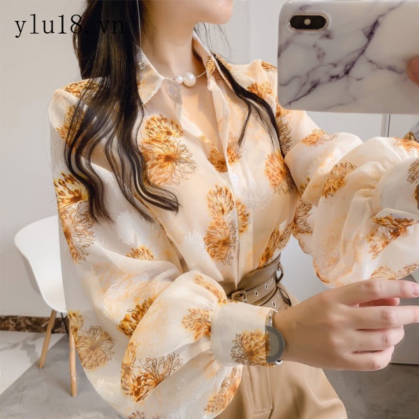 Áo Sơ Mi Chiffon Tay Phồng In Họa Tiết Hoa Phong Cách Retro Dành Cho Nữ