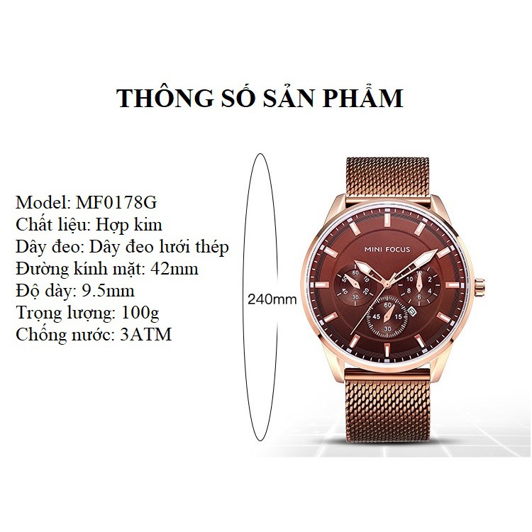 Đồng Hồ ❤️FREESHIP❤️ Đồng Hồ Thời Trang Nam Mini FOCUS MF0178G Chạy 3 Kim, Thiết Kế Chống Nước Kiểu Dáng Sang Trọng