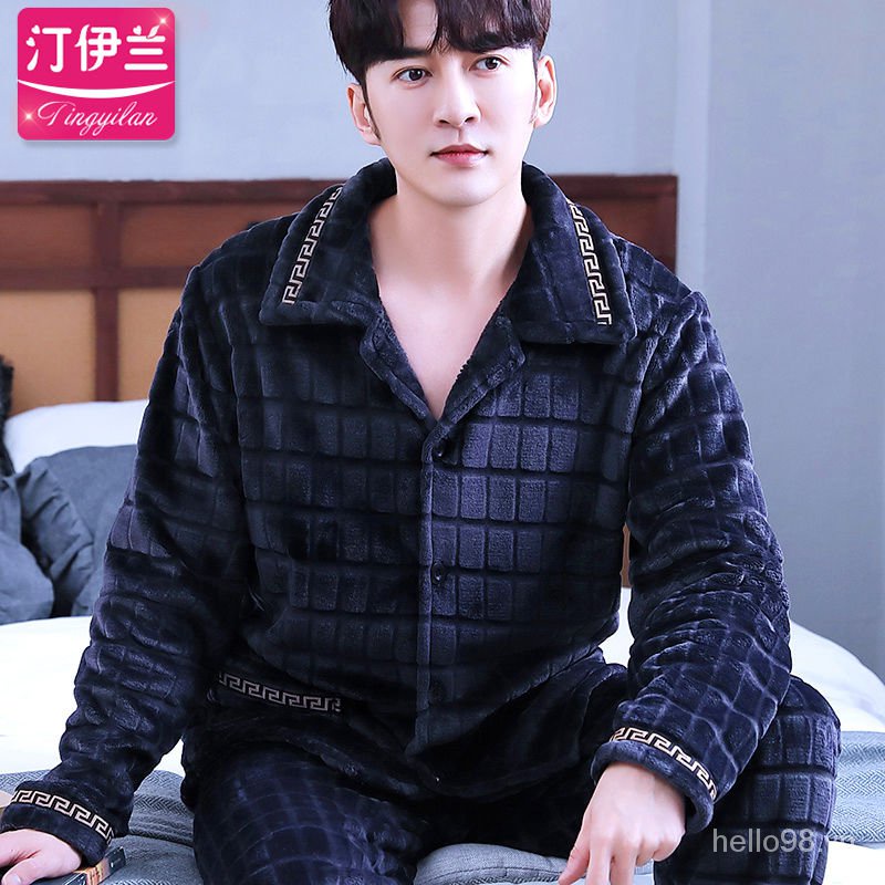 2021 Bộ đồ ngủ pijama bằng nhung san hô dày dặn thời trang thu đông cho nam