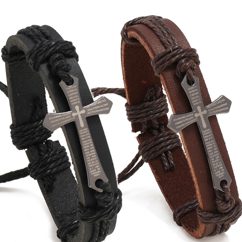 Vòng Tay Da 18CM Mặt Thánh Giá Phong Cách Vintage