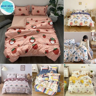 Bộ chăn ga gối cotton poly hoa lá Minh Nhật - chăn mền, drap giường, vỏ gối - ga giường đủ size