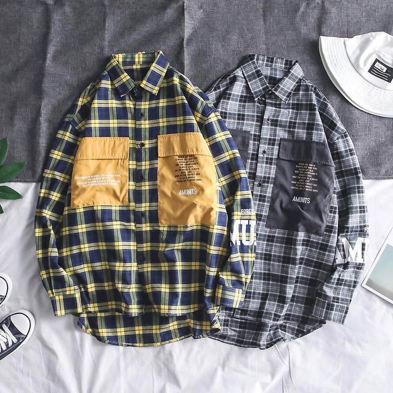 Áo sơ mi tay dài dáng rộng kẻ sọc phối túi lớn cá tính cho nam