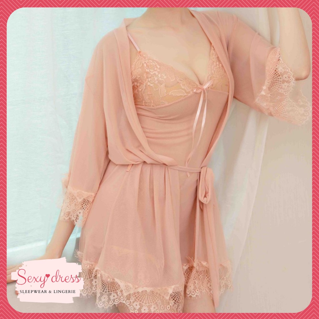 Đầm ngủ sexy 2 dây gọi cảm áo choàng vải voan đen, trắng, hồng SX4 | BigBuy360 - bigbuy360.vn