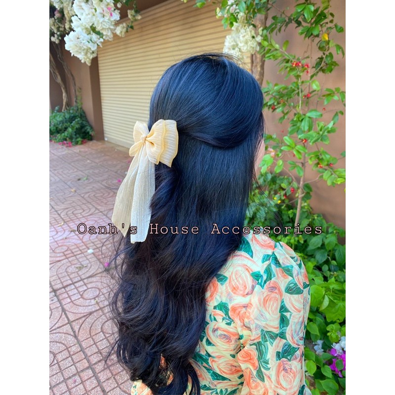 Kẹp nơ voan nhăn 2 tầng thắt nút