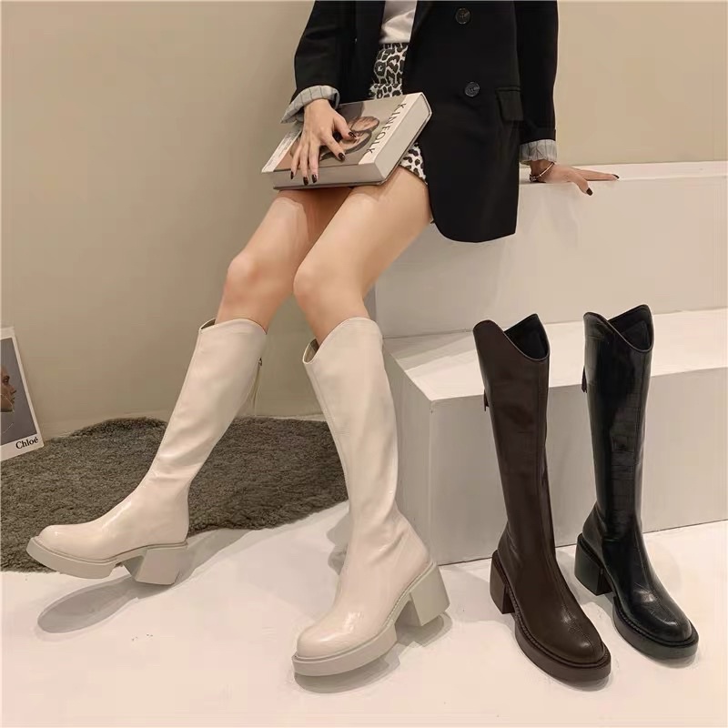 [ Sẵn Đen sz 36,37,39 Kem 35,36,38,39, Có lót lông ] Boots đùi cổ V nâng 6cm chiến binh dành cho nàng cá tính | WebRaoVat - webraovat.net.vn