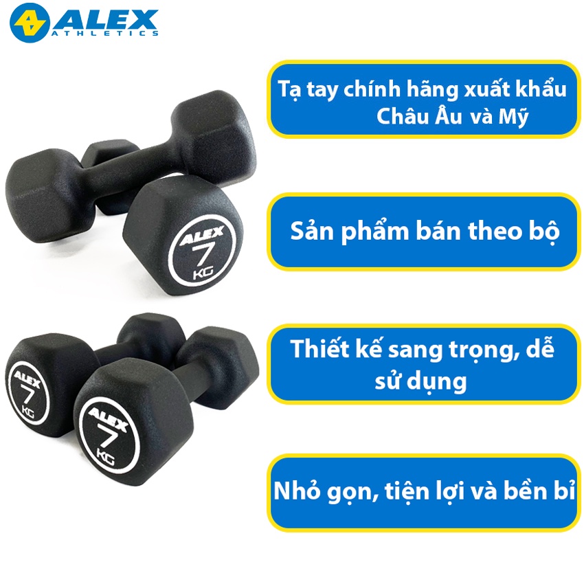 Bộ Tạ Tay Lục Giác Tại Nhà 7Kg ALEX Cao Cấp, Lõi Gang Đặc Bọc Cao Su, Tập Gym Yoga, Chống Trơn Trượt