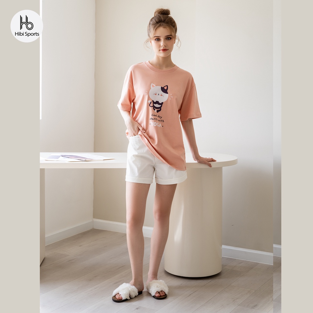 Áo thun tay lỡ Hibi Sports YOGA CAT ST005 kiểu phông unisex nam nữ, vải cotton Premium, form oversize