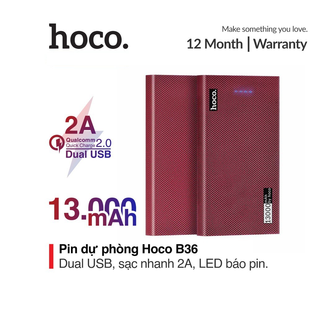Pin dự phòng sạc nhanh 2A Hoco B36 dung lượng 13000mAh thiết kế 2 cổng sạc tích hợp đèn Led chiếu sáng