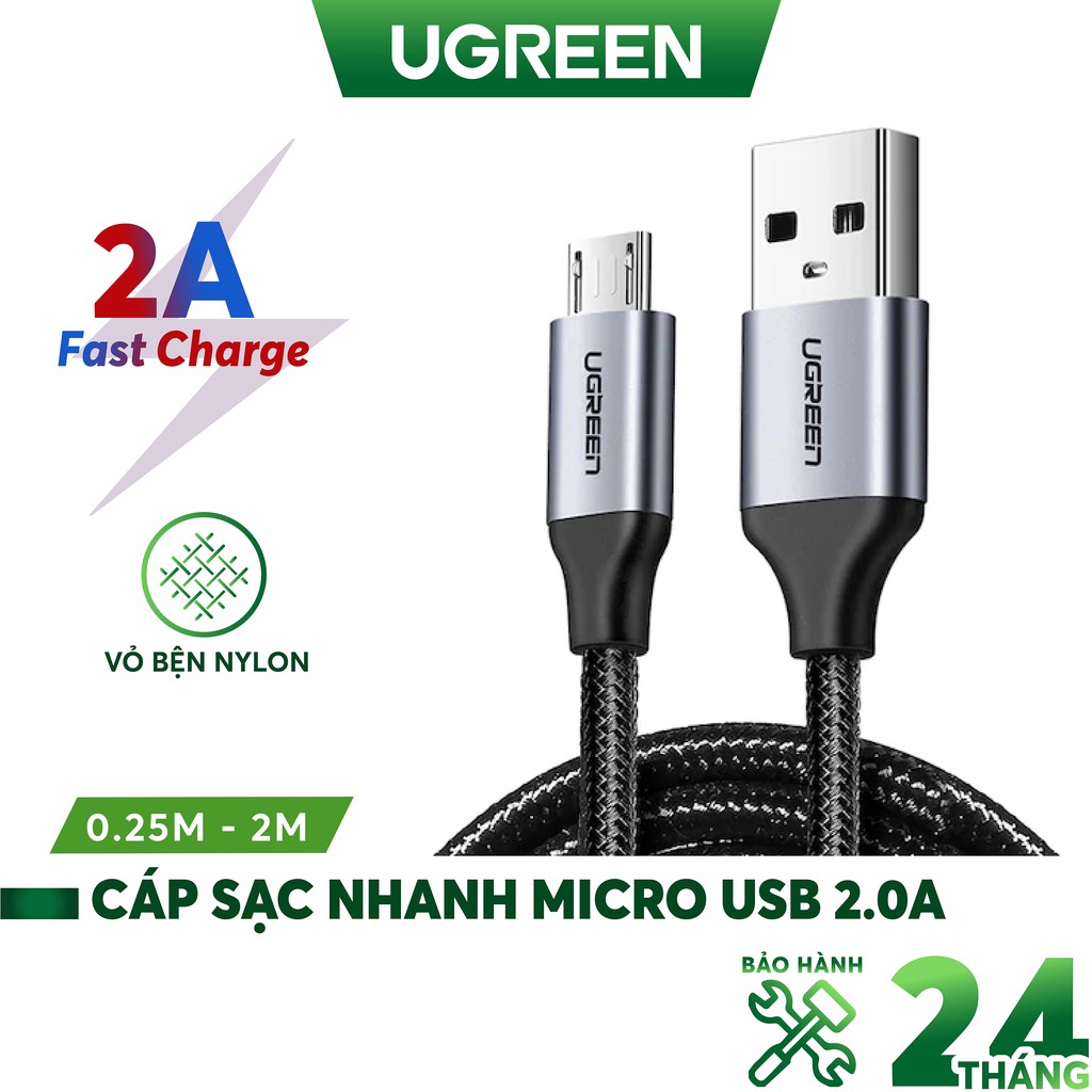 Cáp sạc nhanh Micro USB 2.4A Ugreen US290 độ dài từ 0.25m đến 2m, vỏ sợi bện siêu bền - Hàng phân phối chính hãng