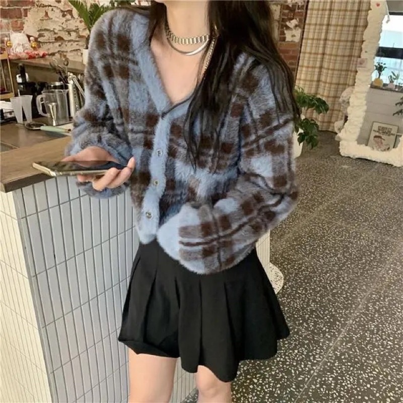 Áo khoác Cardigan len xù dài tay phong cách hàn quốc