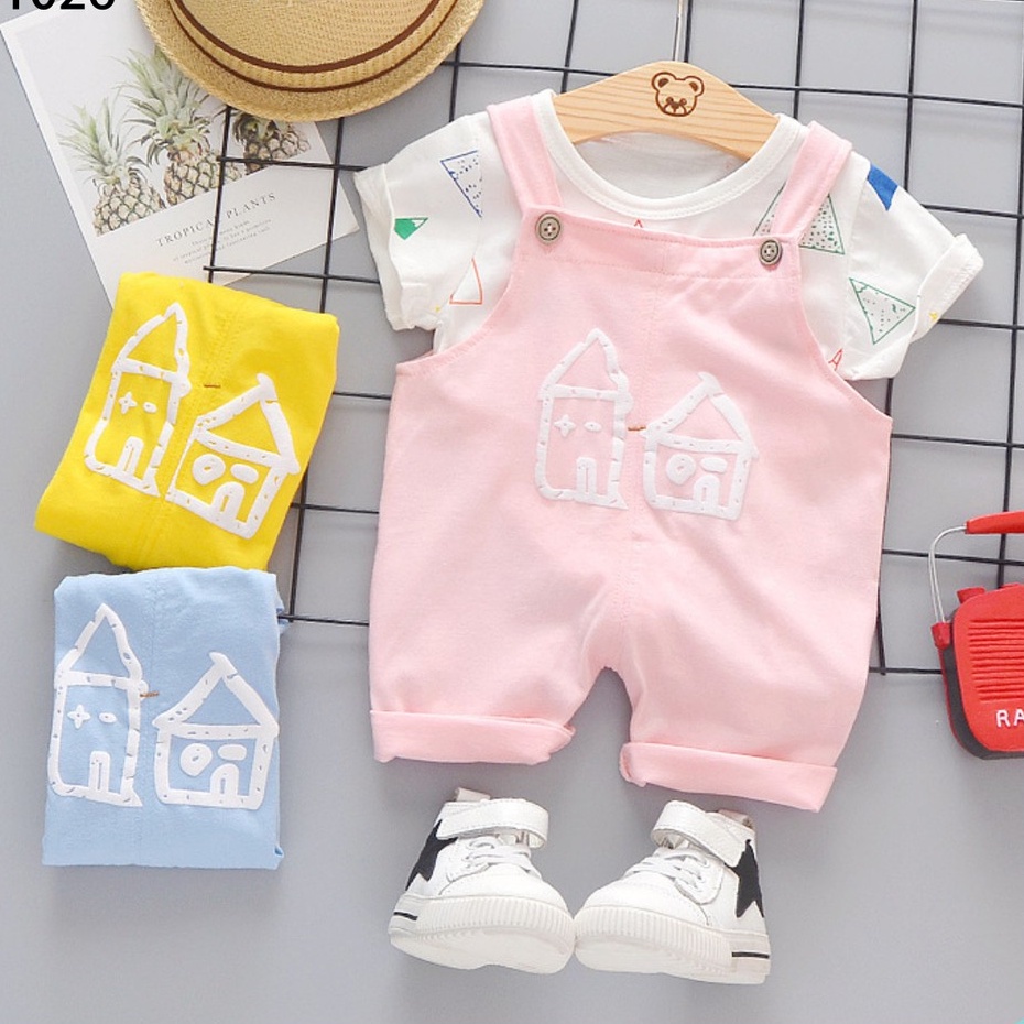 Set Yếm Bé Gái In Họa Tiết Ngôi Nhà Kèm Áo Thun Cotton Cho Bé Size 0 - 4 Tuổi MINTSCLOSET Mint's Closet - S1026