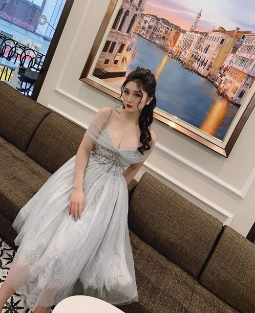 [RẺ VÔ ĐỊCH] 👗Đầm dạ hội thiết kế độc quyền - Đủ size S,M,L - Đầm ren mi rớt vai lưới phũ kết chuỗi