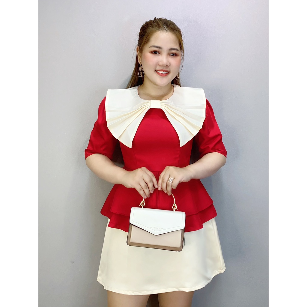 [Hình Thật]Áo Nơ Quạt To Trắng Đính Kim Cương Form Peplum Bigsize 50.90KG
