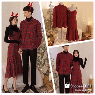 Set váy đôi sơmi nam sọc caro đỏ chụp ảnh đẹp🎄 Giá rẻ