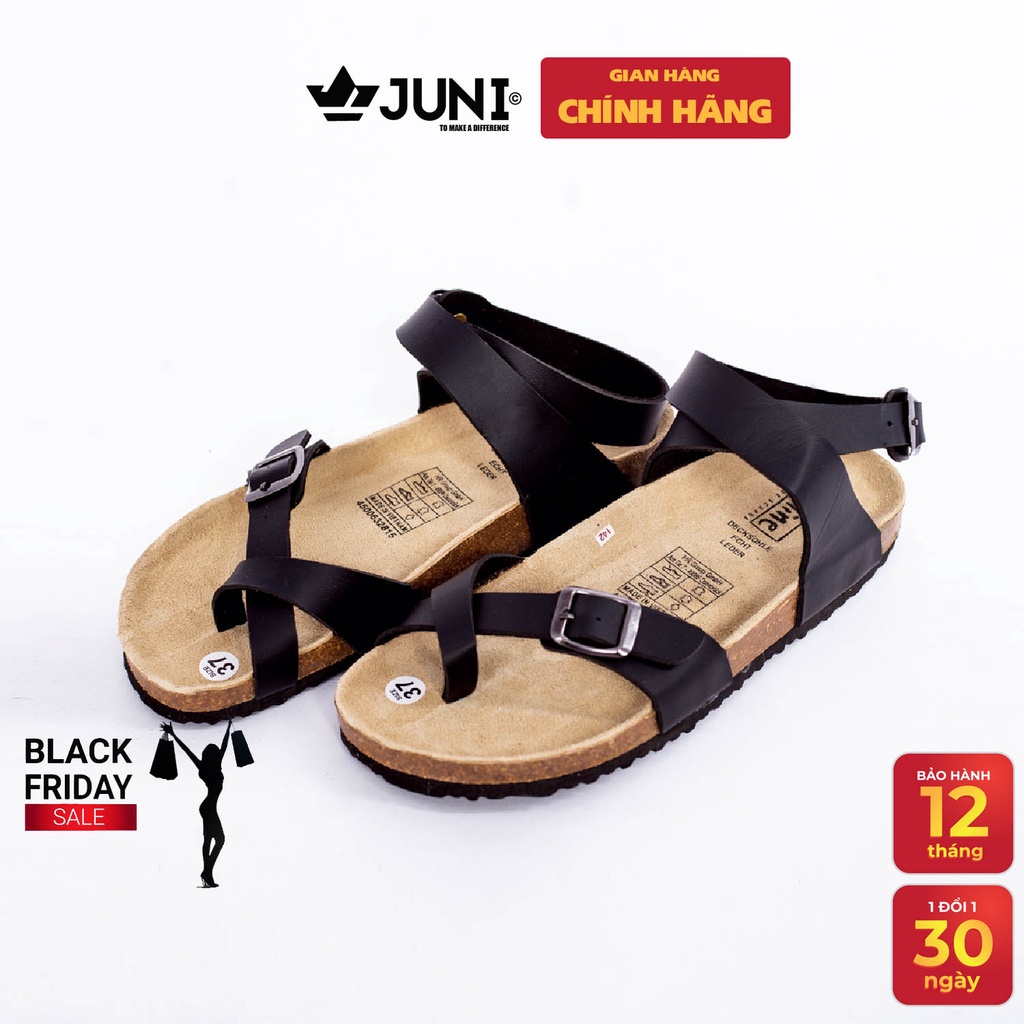 [DA PU/CHỐNG NƯỚC] PU16-Dép da sandal cao cổ Unisex, Màu đen, đế trấu Bioline Birken- Xuất khẩu châu Âu - Juni Store