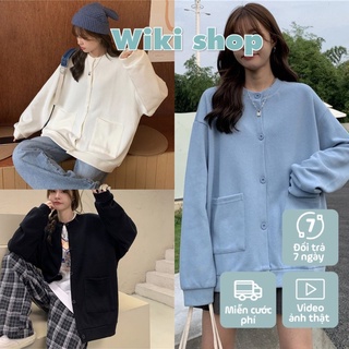 Áo khoác cardigan nữ trơn 2 túi Wikishop form rộng cài khuy màu đen xanh trắng nữ tính học sinh ulzzang hàn quốc C504