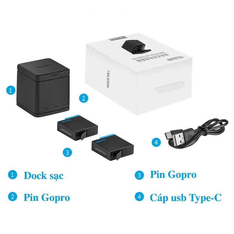 Combo pin sạc cho Gopro 5 6 7 8 black white silver - 2 pin 1 sạc chính hãng Telesin (tặng cường lực gopro tùy chọn)