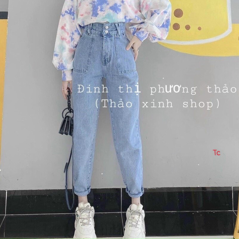 Quần jeans nữ,Quần bò baggy đai chéo túi ốp form đẹp sặn gấu màu xanh | BigBuy360 - bigbuy360.vn