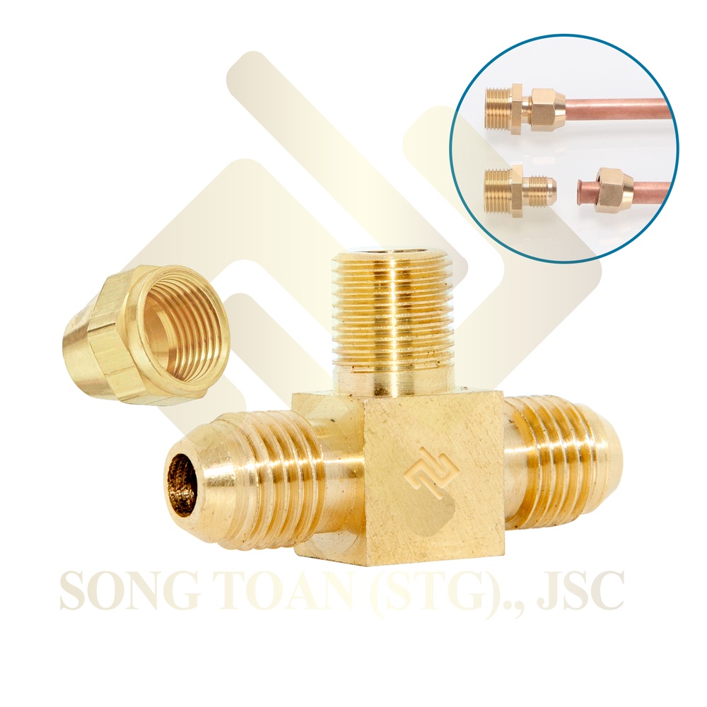 Tê Ren Giữa 2 Bên Côn Lồi Cho Điện Lạnh & Khí Nén - Brass Flare Tee Triple T Rắc Co Npt Hàn Ống Đồng