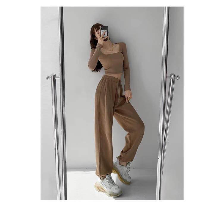 SUXI Quần dài nữ ống suông cạp thun màu trơn thời trang phong cách Hàn Quốc