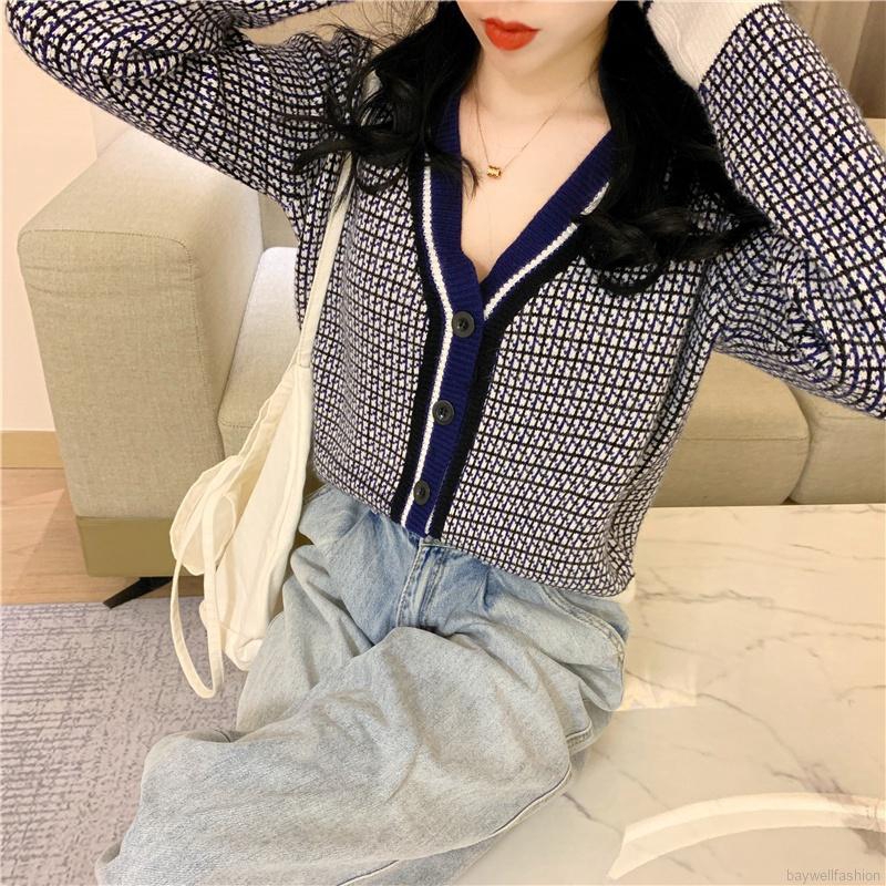 [Baywellfashion]Áo khoác cardigan in họa tiết sọc caro phối nút thời trang ngọt ngào cho nữ | BigBuy360 - bigbuy360.vn