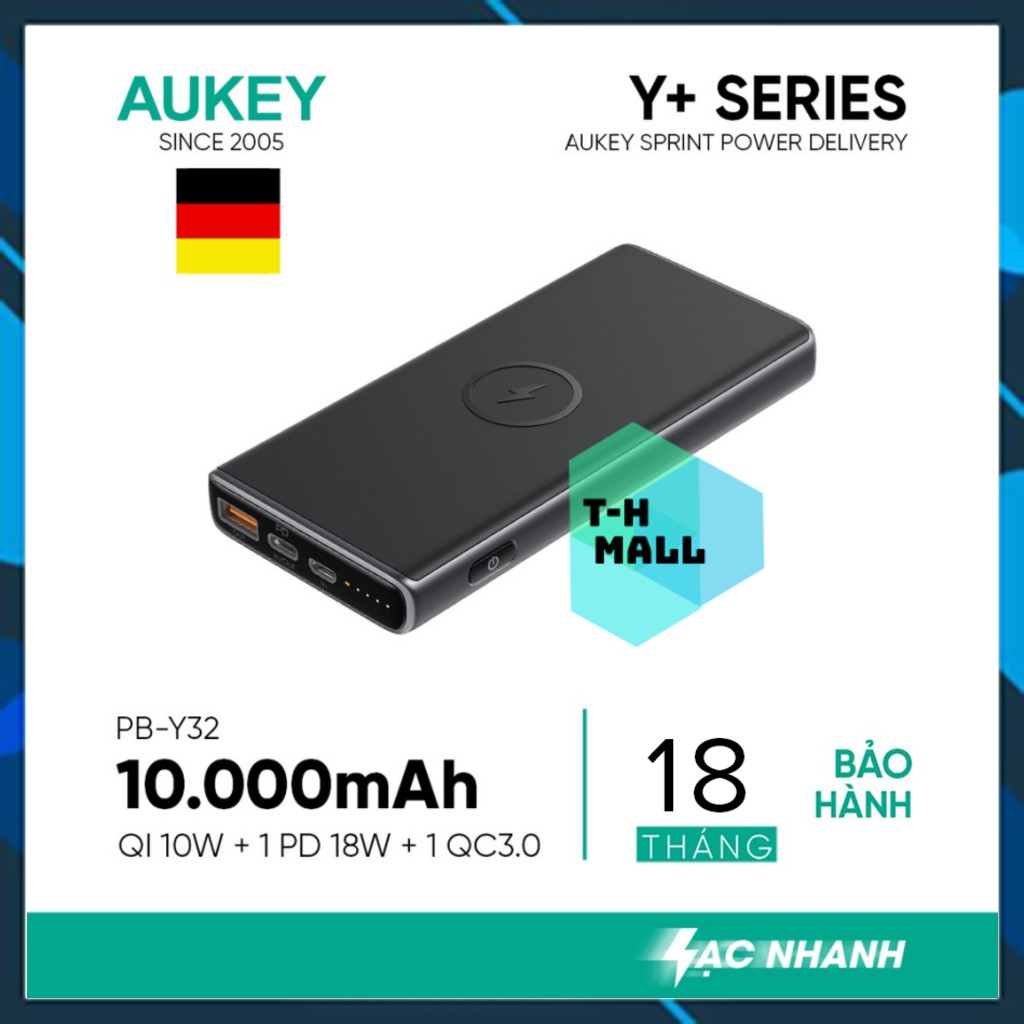 Pin Dự Phòng Kiêm Sạc Không Dây 10W AUKEY PB-Y32 10.000mAh, Sạc Nhanh PD 18W, QC 3.0