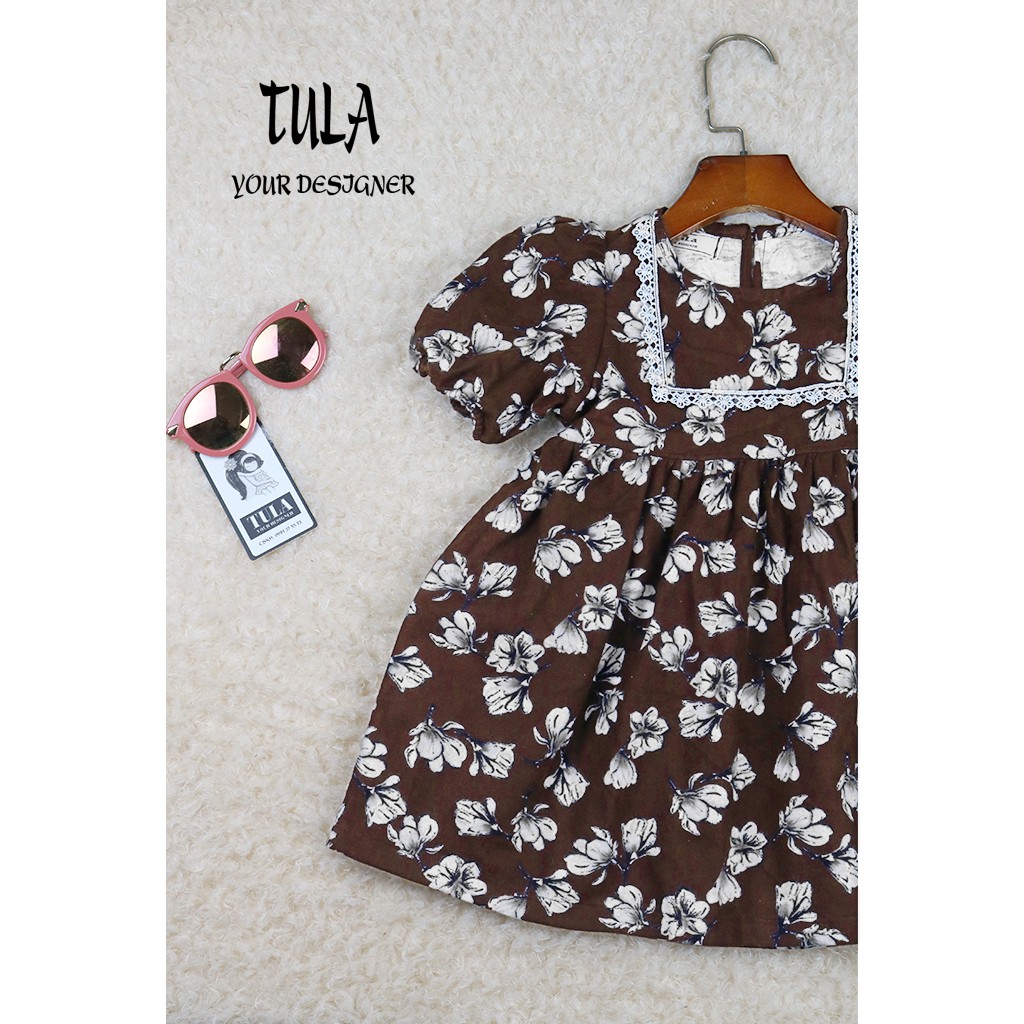 Váy Đầm Bé Gái Phối Ren Trắng Màu Họa Tiết Hoa Nền Nâu Cực Xinh Vải Thô Cào Bông Hàn Quốc