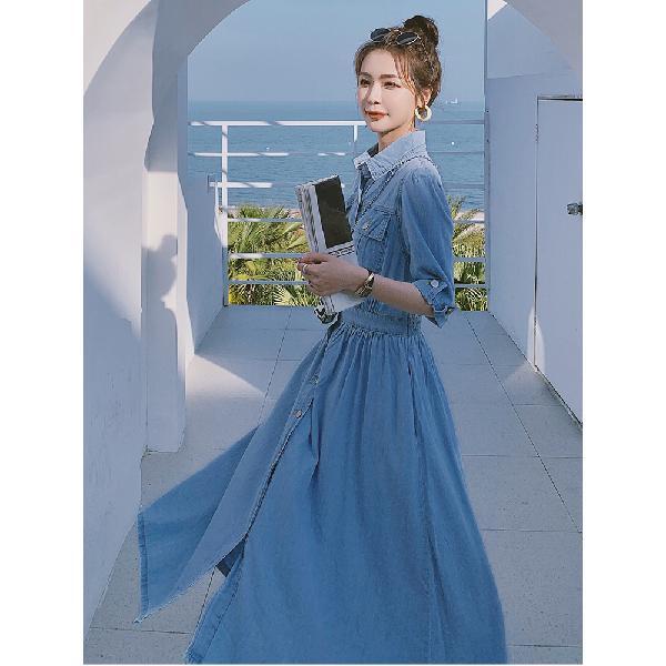 Đầm Denim Mỏng Tay Phồng Dài Đến Mắt Cá Chân Thời Trang Mùa Hè 2022 Kiểu Pháp Cổ Điển Dành Cho Bạn Nữ