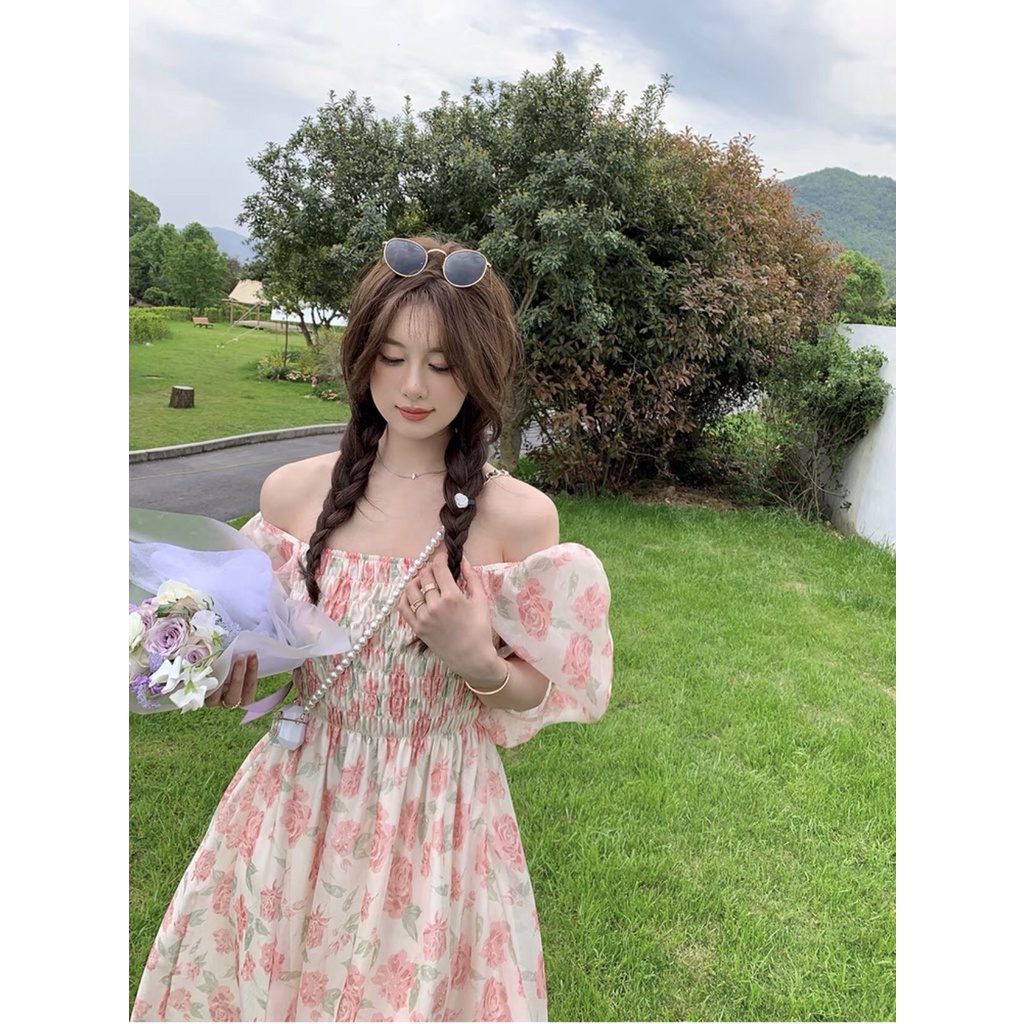 Đầm - Váy hoa hồng voan lụa 2 lớp chun ngực tay bồng ulzzang