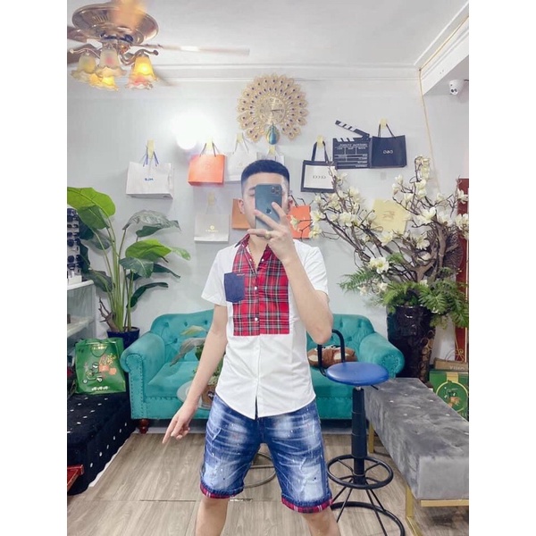 Áo Sơ Mi Cộc Trắng Hoạ Tiết