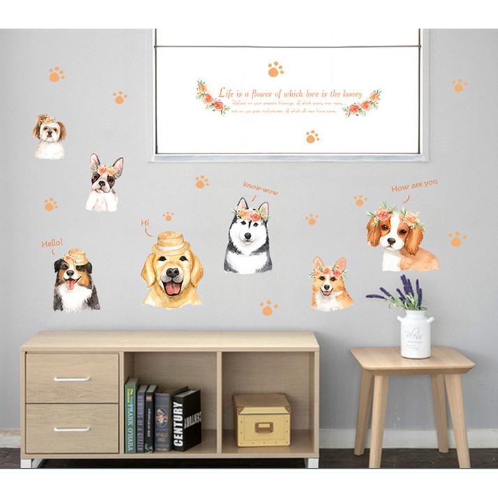 Decal trang trí tường những Chú Chó lông xù đáng yêu