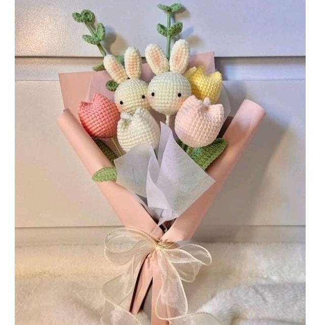 1 Bông hoa thỏ len handmade cute móc tay từ len làm quà tặng bạn bè, sinh nhật ý nghĩa