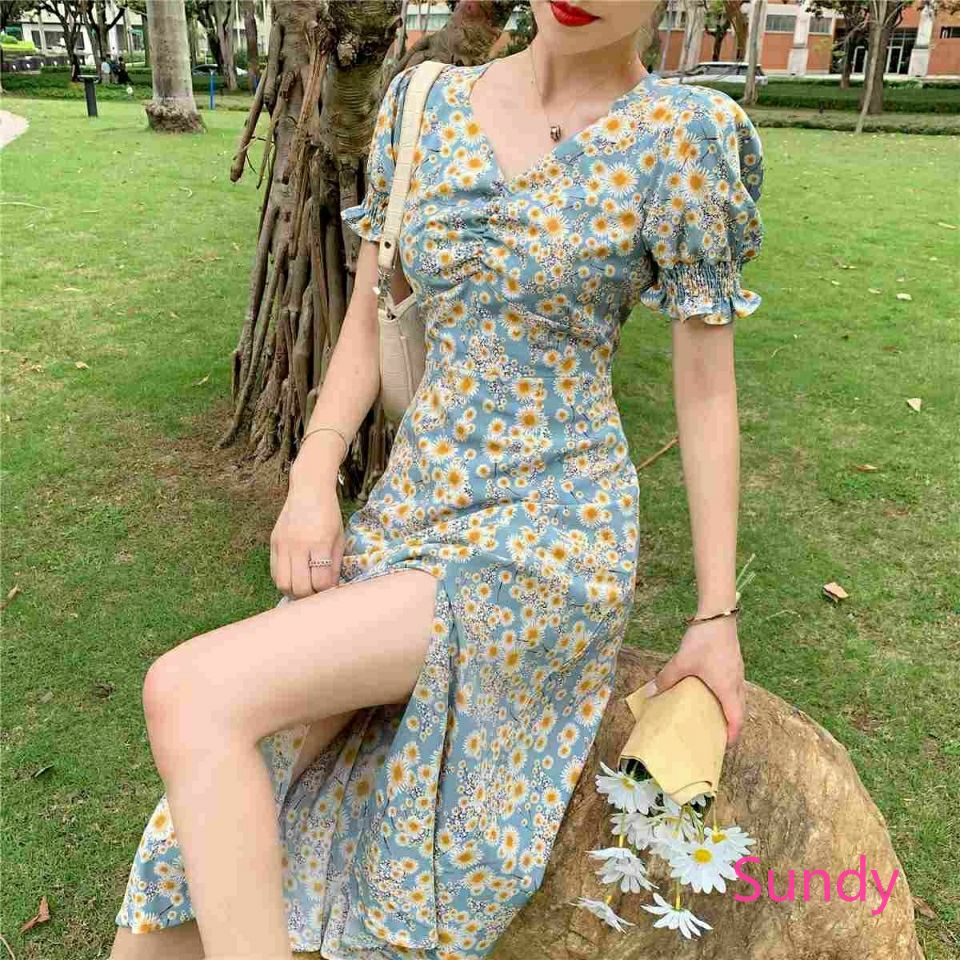 Đầm Tay Phồng In Họa Tiết Hoa Cúc Dễ Thương Dành Cho Bạn Gái