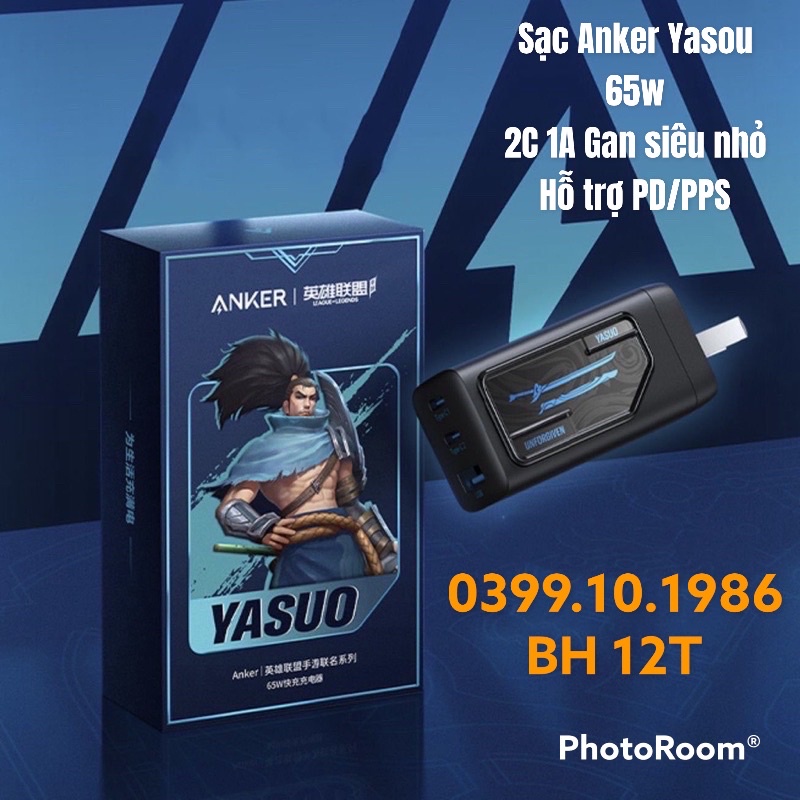 Sạc Anker PowerPort III 3 Cổng 65W ( 2 Usb C+ 1 Usb A) hỗ trợ PD/PPS - Mã A9521 phiên bản Yasuo Liên Minh Huyền Thoại