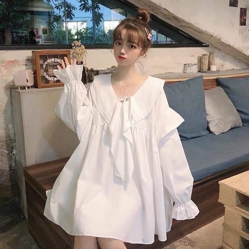 Áo sơ mi babydoll dài tay cổ viền chữ Y - áo sơmi trắng nữ dài tay bánh bèo, tay bo xòe, dáng váy SIÊU HOT