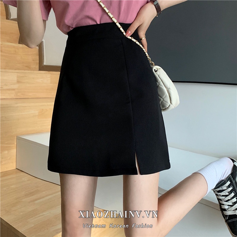 Chân váy XIAOZHAINV chữ A lưng cao xẻ tà thời trang Hàn Quốc cho nữ