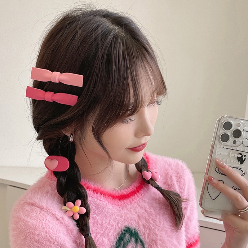 Bộ 2 Kẹp Tóc Nhựa Hình Hoa / Nơ Màu Hồng Thời Trang Hàn Quốc Xinh Xắn Cho Nữ