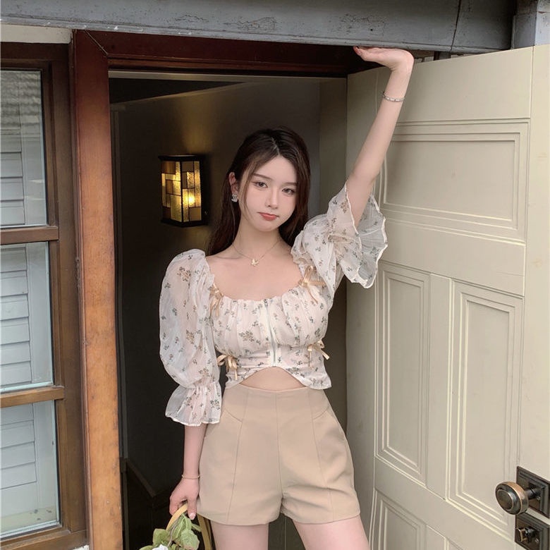 Áo Sơ Mi Voan Tay Ngắn Họa Tiết Hoa Phong Cách Pháp Thời Trang Cho Nữ