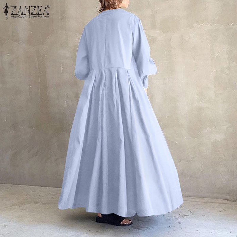 Đầm maxi ZANZEA tay dài cổ tròn màu trơn phong cách Hàn Quốc trẻ trung cho nữ