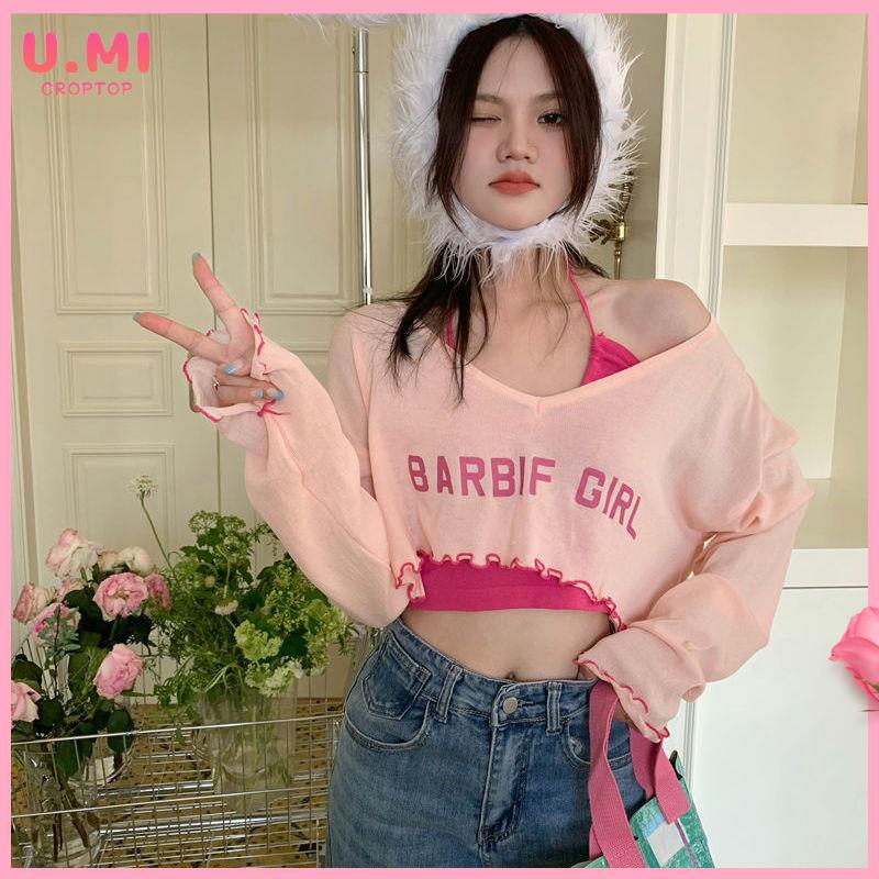 áo khoác croptop nu Bộ Áo Dài Tay Cổ Yếm In Chữ + Quần Dài Thời Trang Mùa Hè 2022 Cho Nữ