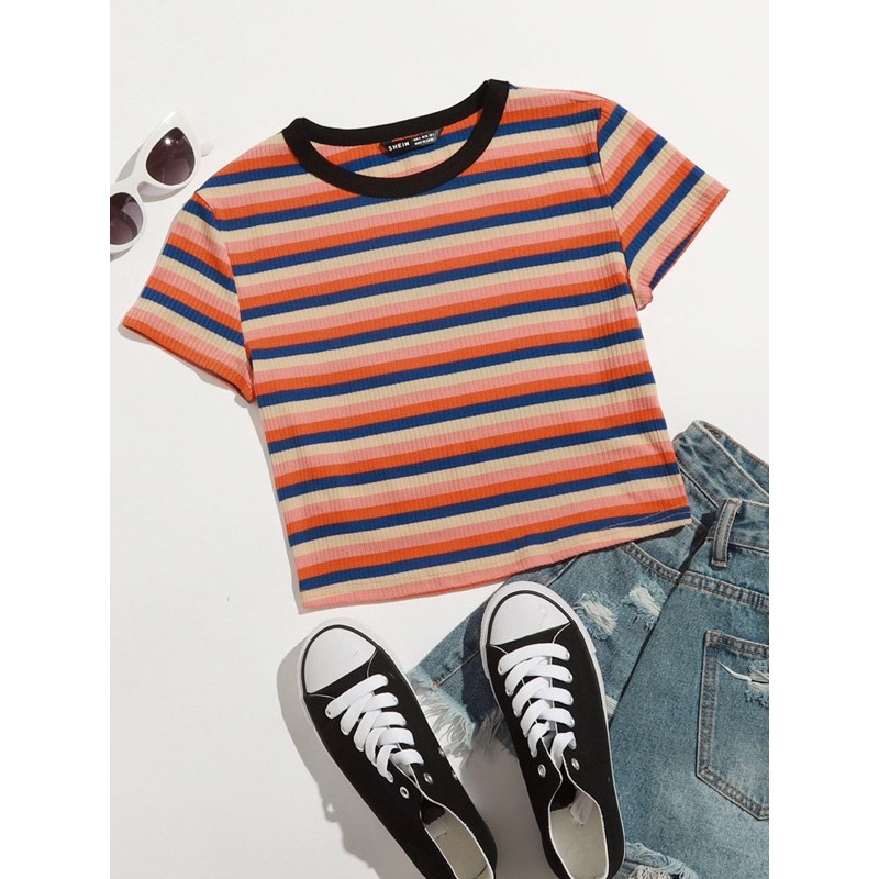 Áo Croptop Nữ Thun Gân Sọc Cầu Vồng
