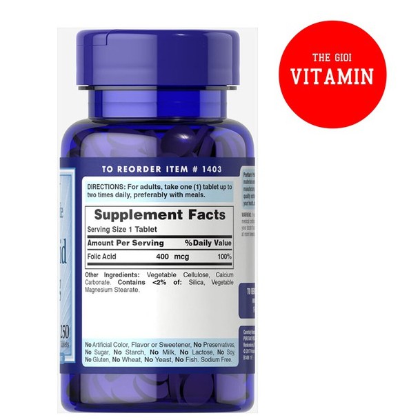 Bổ máu, ngăn ngừa thiếu máu Puritan's Pride Folic Acid 400mcg 250 viên