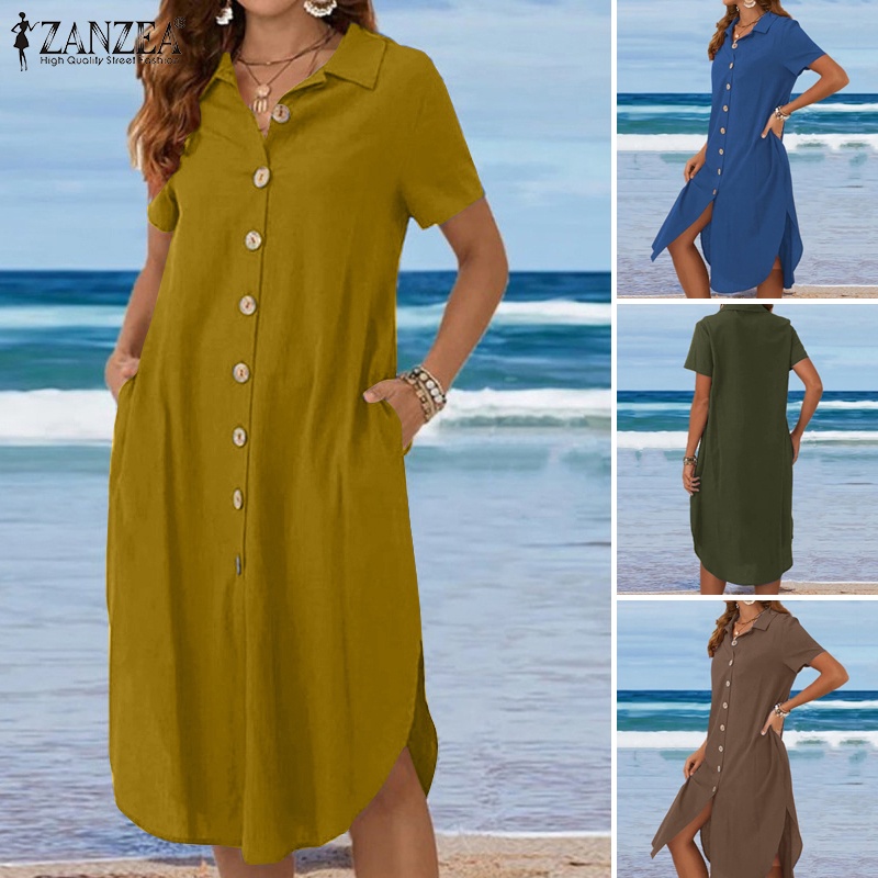 Zanzea Đầm Cotton Xẻ Tà Phối Túi Thời Trang Châu Âu Cho Nữ