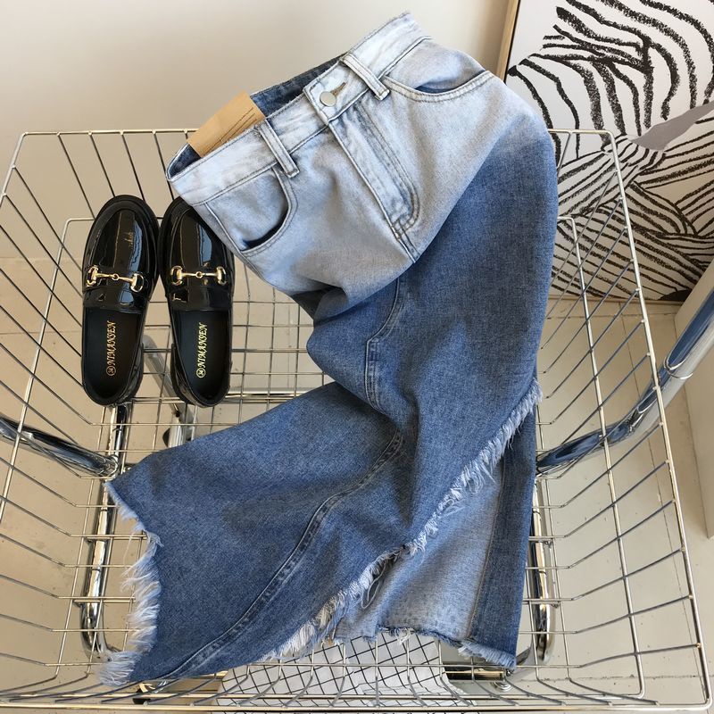 JSC Jiashucheng Chân Váy Denim Dáng Chữ a Lưng Cao Rách Tà Màu Gradient Mùa Hè Cho Nữ