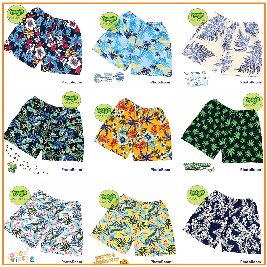 Quần đùi hoa lá, chất kate họa tiết Hàn Quốc, quần đi biển họa tiết hoa lá nam nữ 40 - 75kg nhiều màu - Hugo Shop